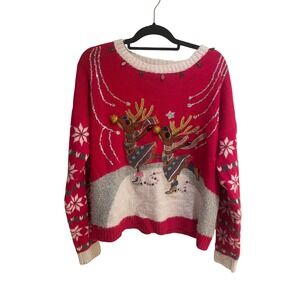 Holiday Time Womens XL Red Ugly Christmas Sweater Reindeer Ice Skating Sequin